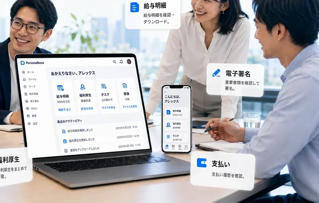 Personalboxsを使い、同じファイルと画面を見ながら共同作業する日本人の担当者