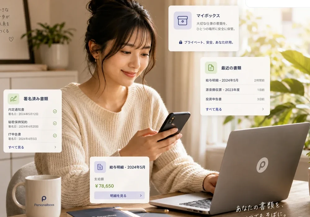 個人がPersonalboxsで給与明細・署名済み書類・最近の書類・マイボックスを確認するイメージ