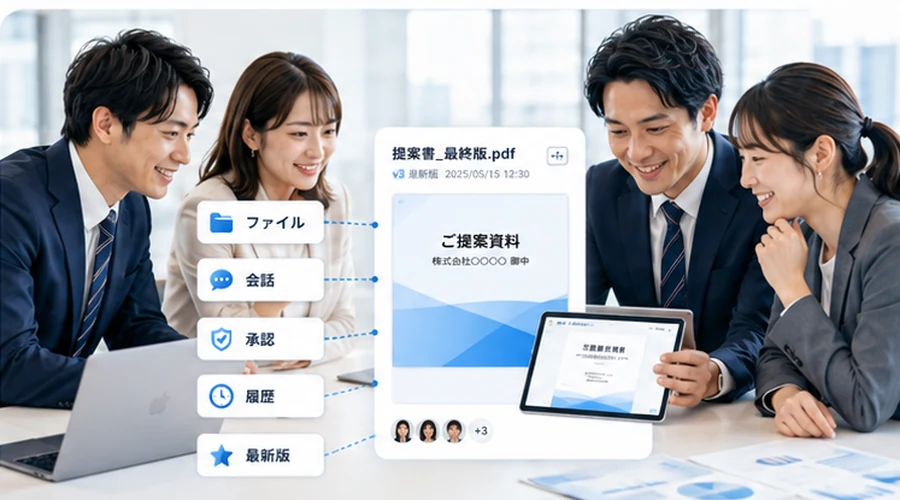 企業と企業が同じファイルで提案、確認、承認、履歴を共有するイメージ