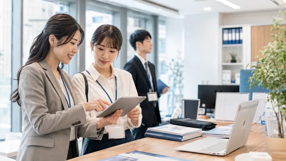 人事担当者が新入社員とタブレットで入社手続きを確認する様子