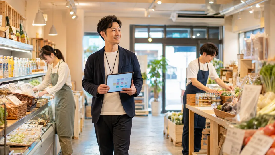 店舗責任者が店内を歩きながらタブレットでシフトを確認する様子