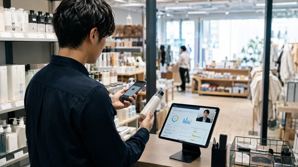 店舗責任者が商品を確認しながらスマートフォンと管理画面で本部と連携する様子
