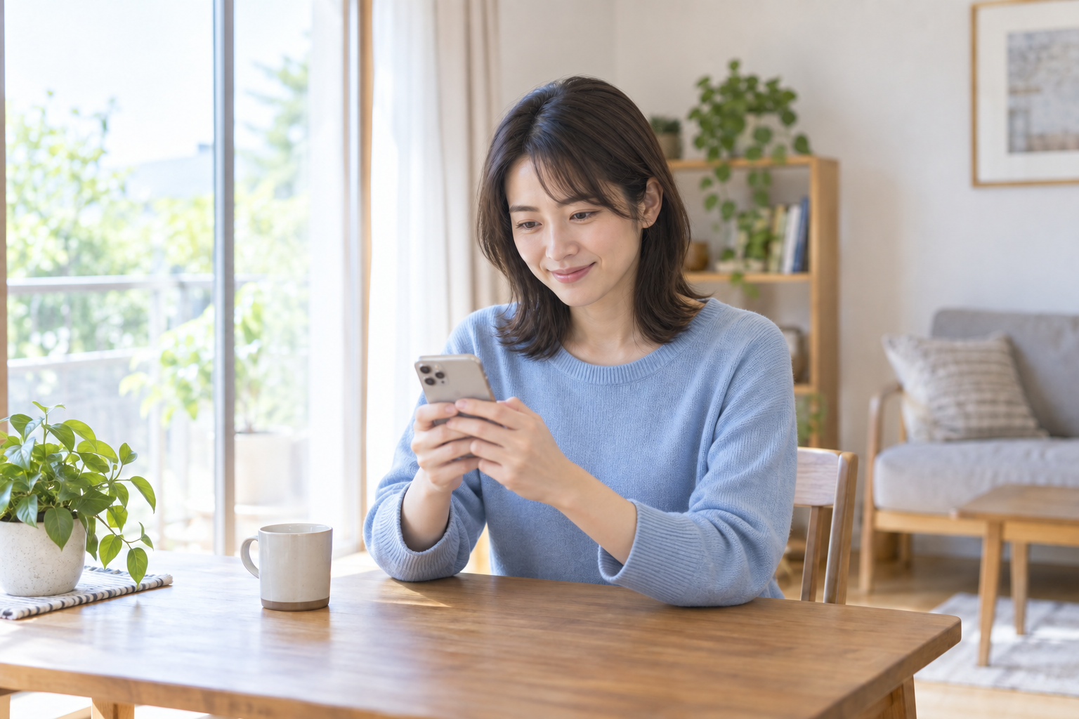 自宅でスマートフォンを手に、自分の明細を確認する従業員の利用シーンイメージ。