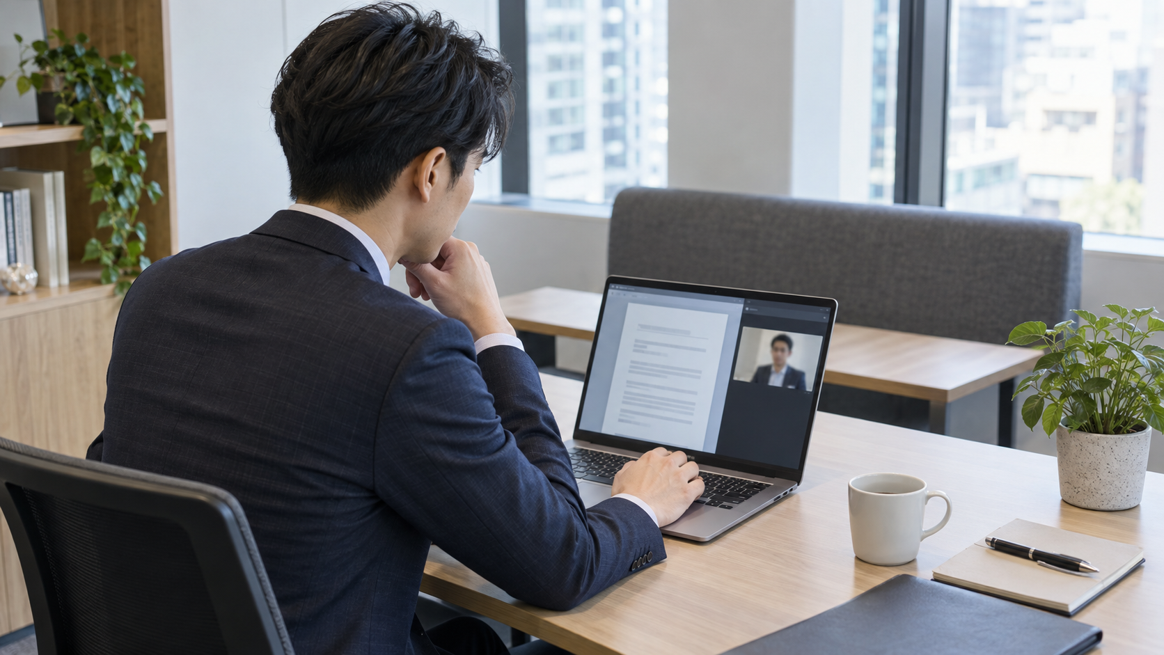 企業の担当者が、離れた取引先とオンラインで契約内容を確認する利用イメージ。