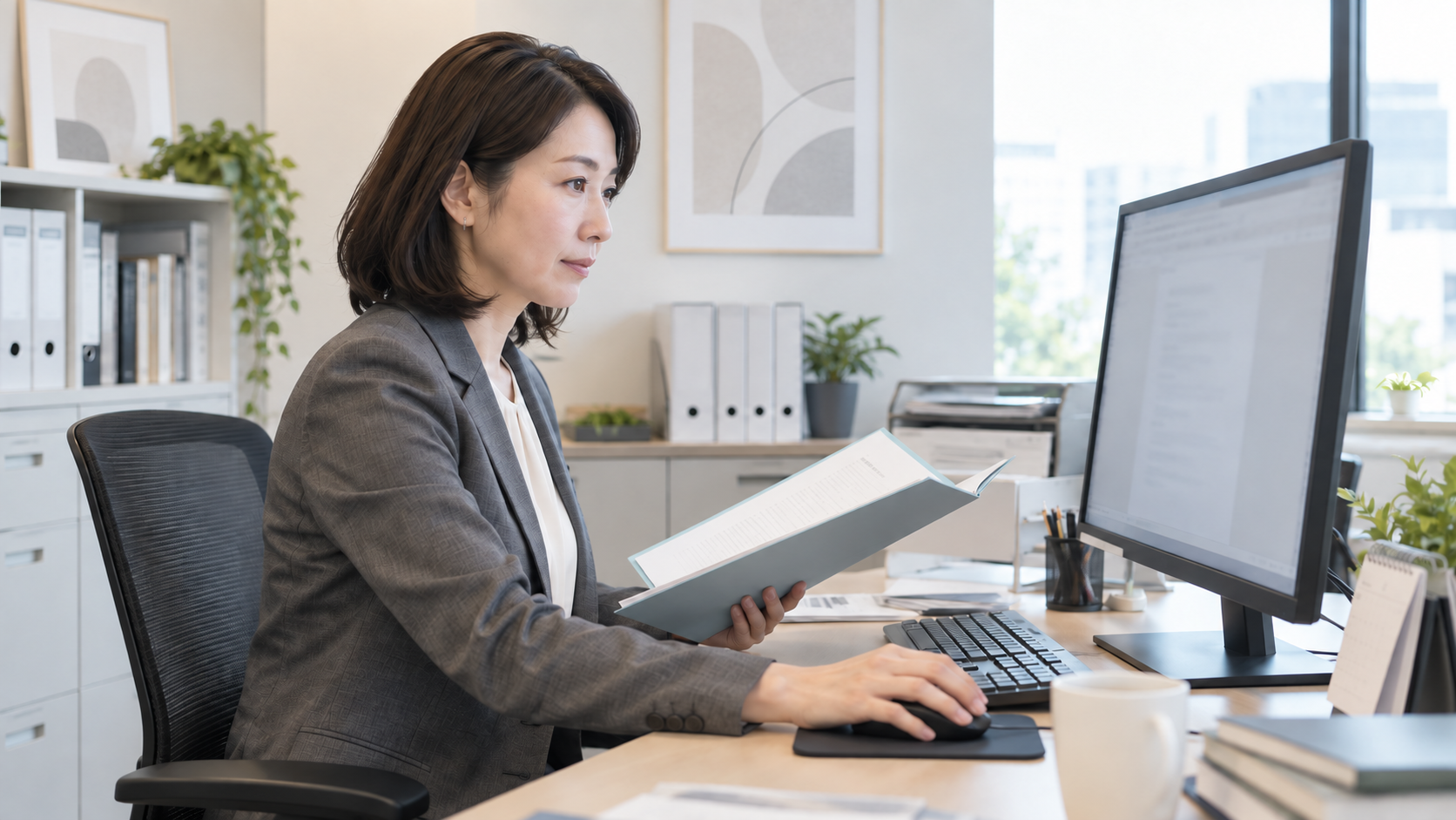 女性の人事担当者が、オフィスで雇用契約の書類とパソコン画面を確認する利用イメージ。