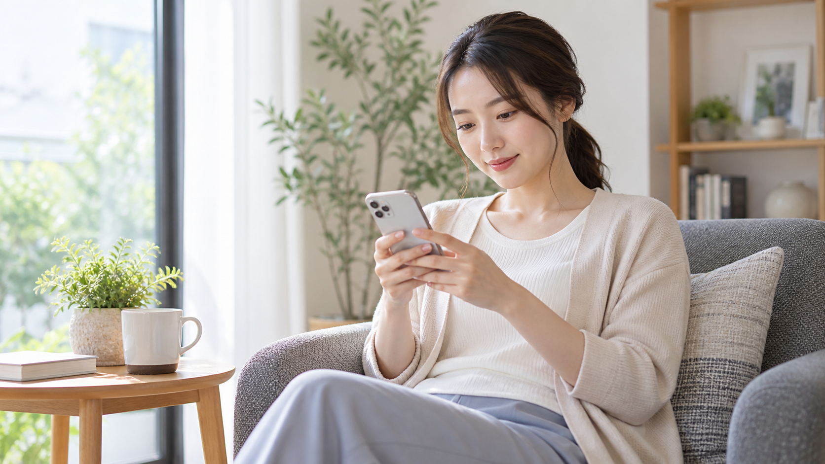 自宅の椅子で、女性の従業員がスマートフォンから書類を確認する利用イメージ。