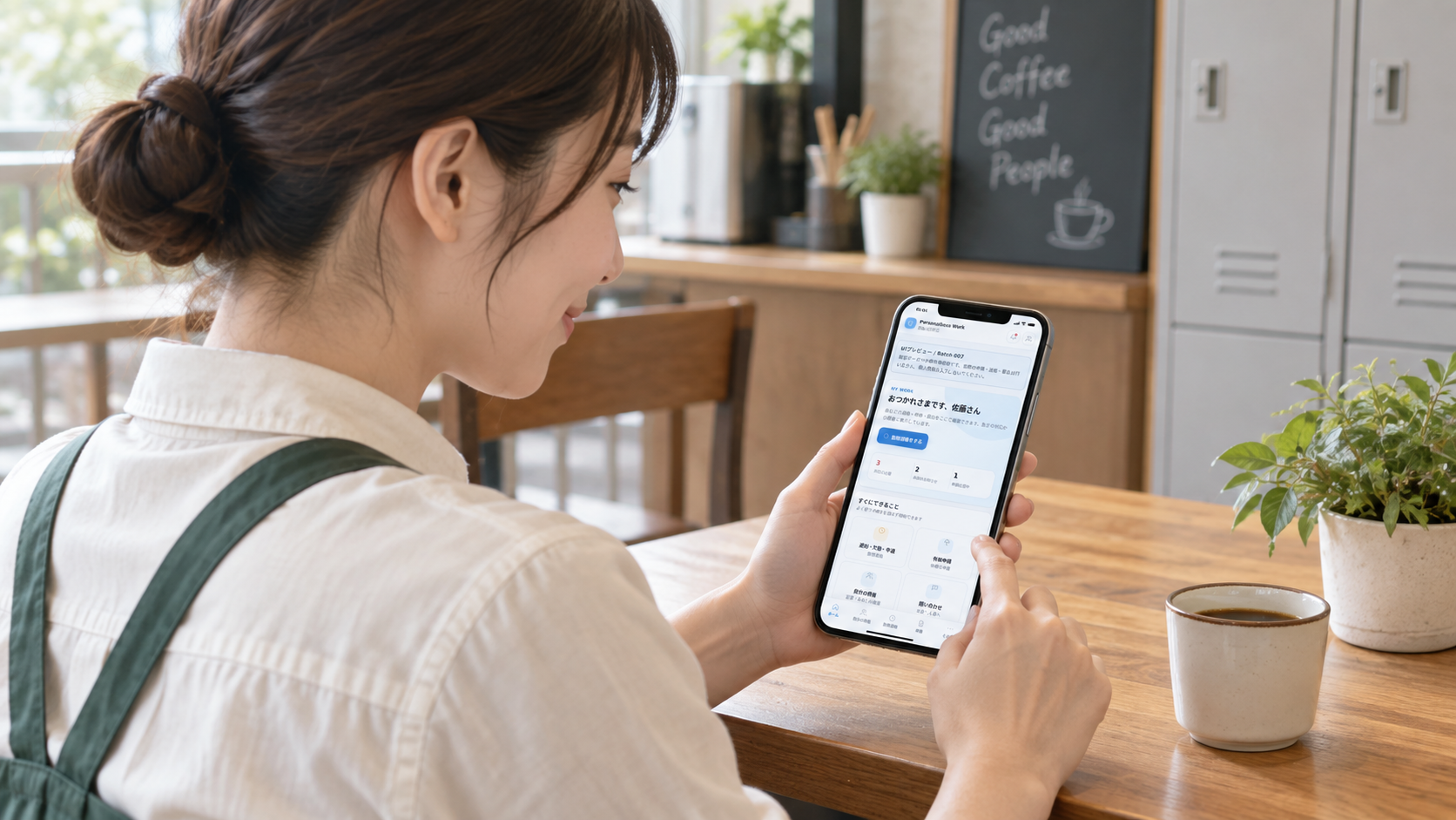 女性の従業員が休憩中にスマートフォンでWorkを確認する利用イメージ