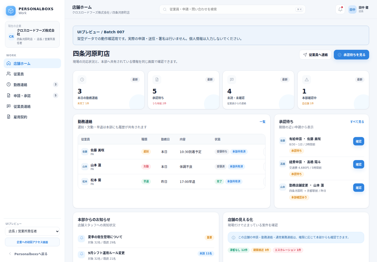 Work店長ホームのプレビュー:勤務連絡と承認待ちの一覧